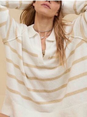 Aerie unREAL Oversized Classic Fit Stripe Pull Over V-Neck Polo Sweater XS Soft